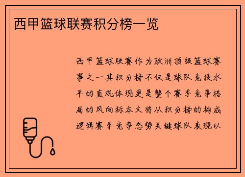 西甲篮球联赛积分榜一览