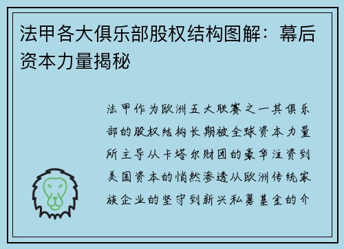 法甲各大俱乐部股权结构图解：幕后资本力量揭秘