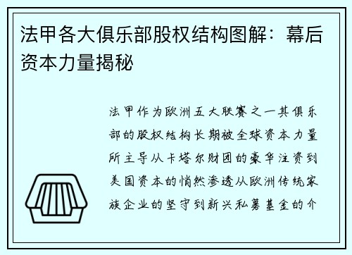 法甲各大俱乐部股权结构图解：幕后资本力量揭秘